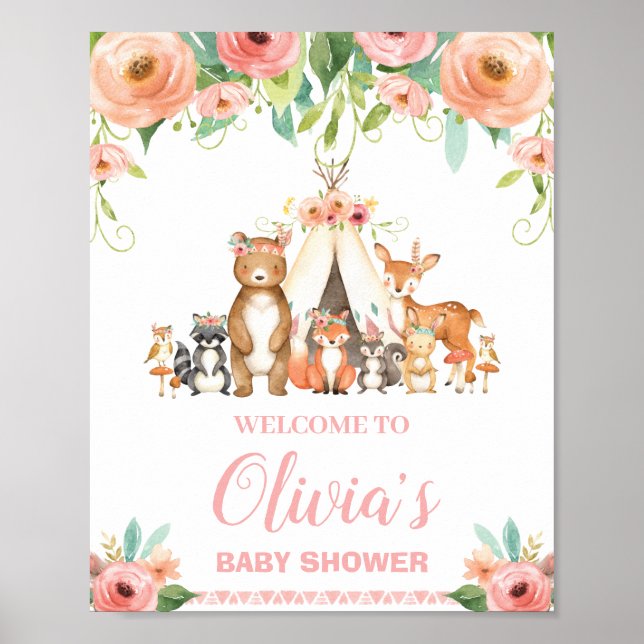 Floral Woodland Babydusche Geburtstag Willkommen Poster (Vorne)