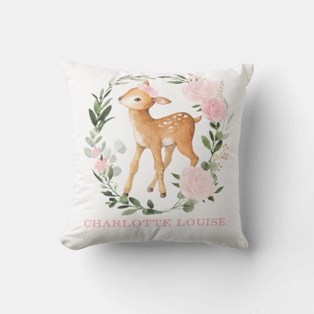 Floral Woodland Deer Greenery Baby Girl Kinderzimm Kissen (Vorderseite)