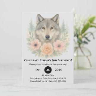 Floral Woodland Wolf Birthday Einladung