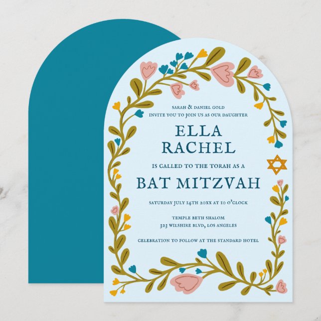 Floral Wreath Bat Mitzvah Handgezeichnet Custom Ar Einladung (Vorne/Hinten)
