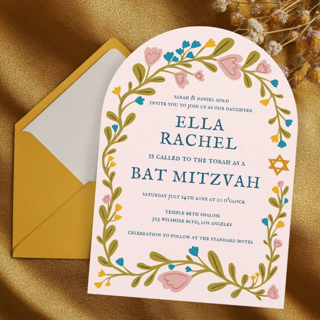 Floral Wreath Bat Mitzvah Handgezeichnet Custom Ar Einladung (Floral Wreath Bat Mitzvah Hand-drawn Custom Arch Invitation
)