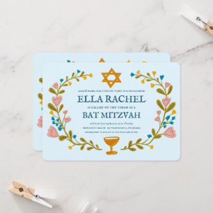 Floral Wreath Bat Mitzvah Handgezeichnet Custom Einladung