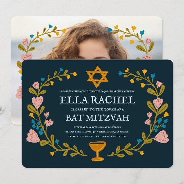 Floral Wreath Bat Mitzvah Handgezeichnet Custom Einladung (Vorne/Hinten)