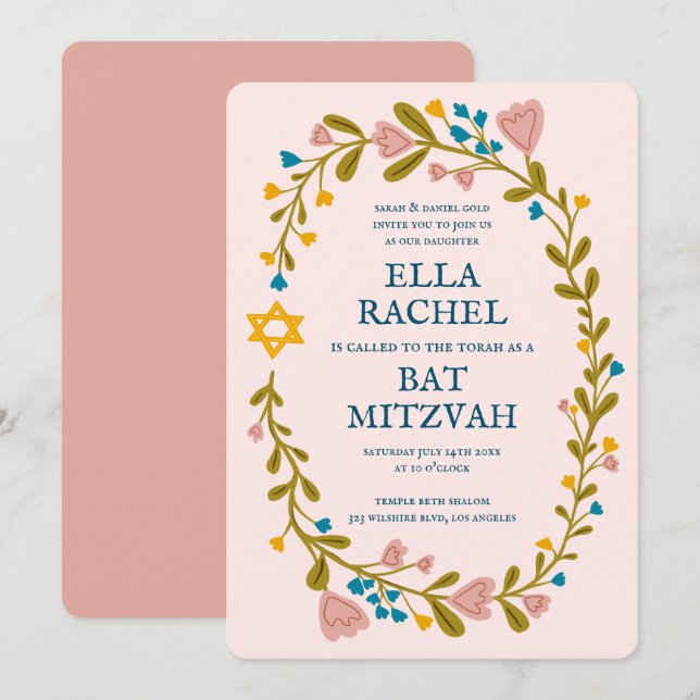 Floral Wreath Bat Mitzvah Handgezeichnet Custom Einladung (Vorne/Hinten)