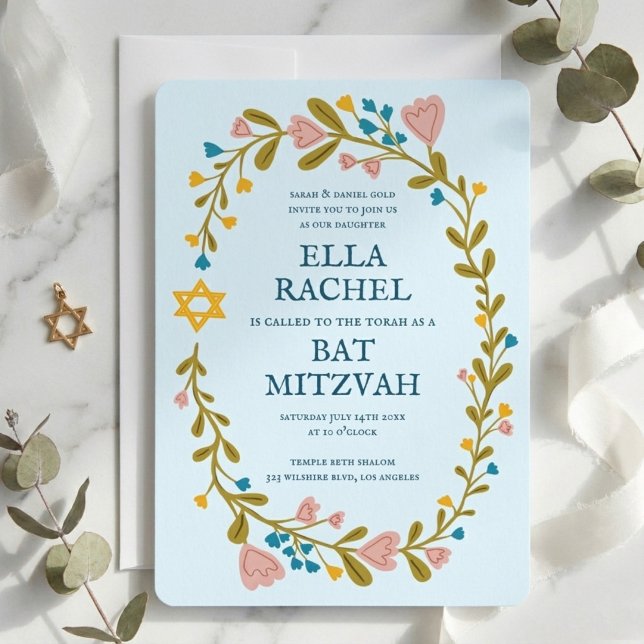 Floral Wreath Bat Mitzvah Handgezeichnet Custom Einladung (Floral Wreath Bat Mitzvah Hand-drawn Custom Invitation
)