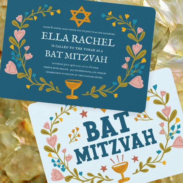 Floral Wreath Bat Mitzvah Handgezeichnet Custom Einladung (Floral Wreath Bat Mitzvah Hand-drawn Custom Invitation
)