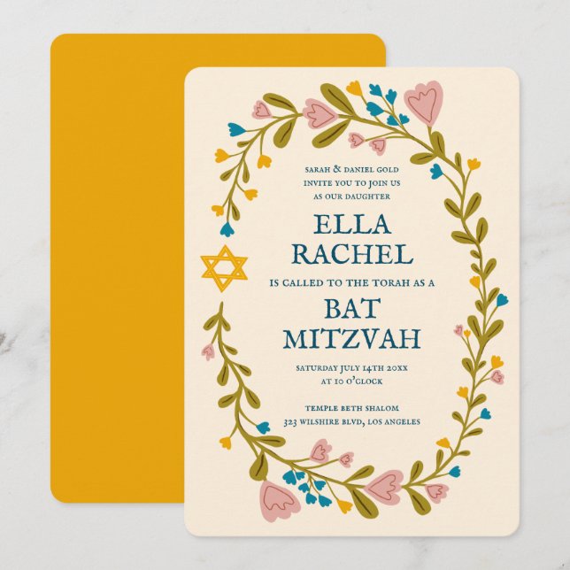 Floral Wreath Bat Mitzvah Handgezeichnet Custom Einladung (Vorne/Hinten)