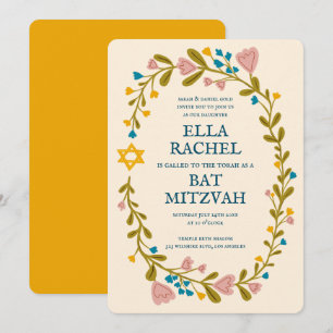 Floral Wreath Bat Mitzvah Handgezeichnet Custom Einladung