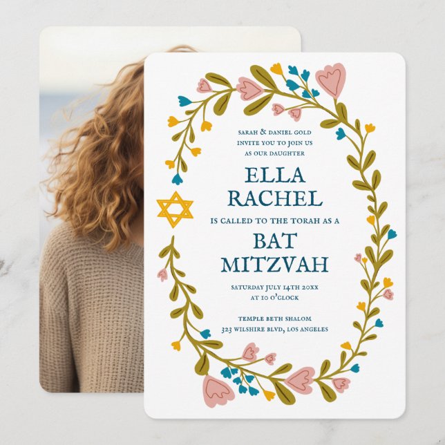 Floral Wreath Bat Mitzvah Handgezeichnet Custom Einladung (Vorne/Hinten)