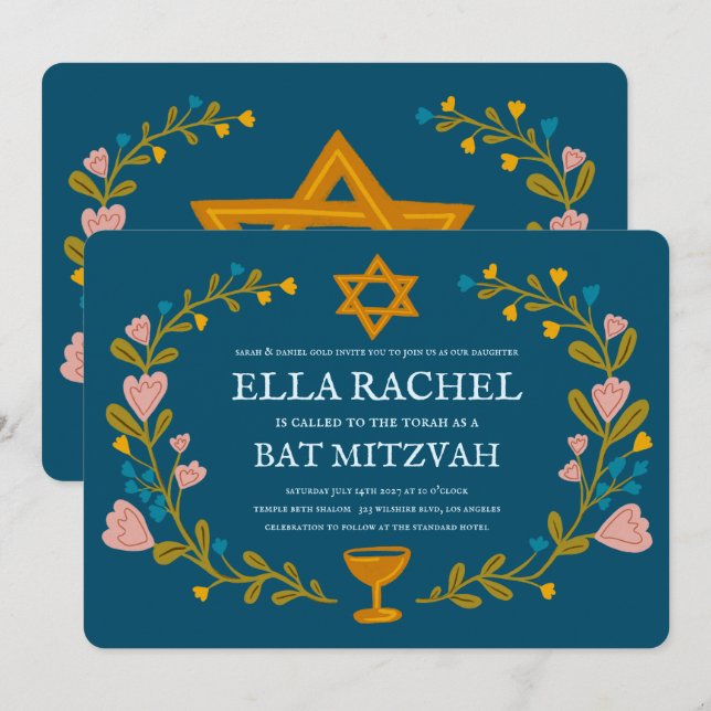 Floral Wreath Bat Mitzvah Handgezeichnet Custom Einladung (Vorne/Hinten)
