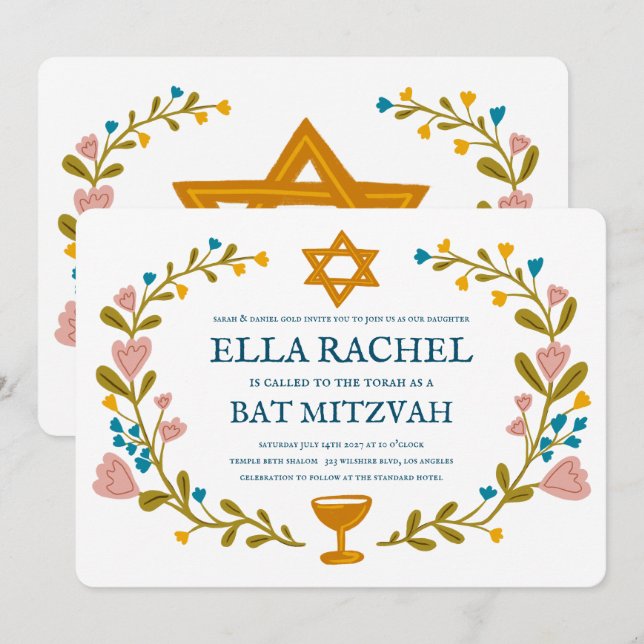 Floral Wreath Bat Mitzvah Handgezeichnet Custom Einladung (Vorne/Hinten)