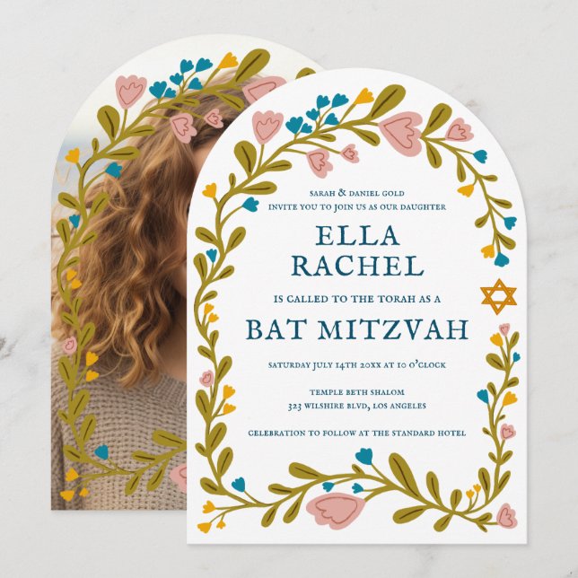 Floral Wreath Bat Mitzvah Handgezeichnet Custom FO Einladung (Vorne/Hinten)