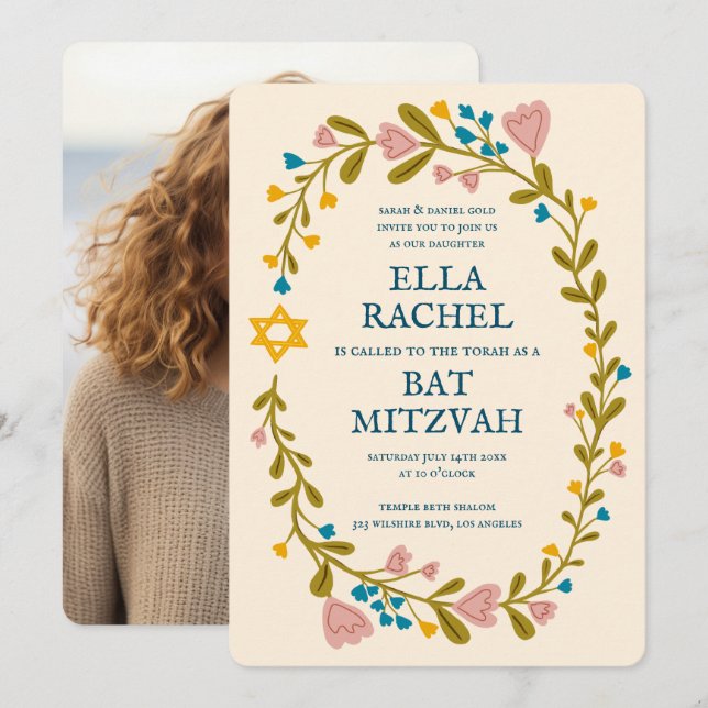 Floral Wreath Bat Mitzvah Handgezeichnet Custom Fo Einladung (Vorne/Hinten)