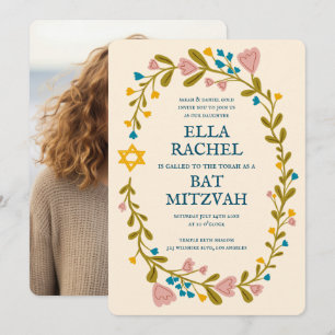 Floral Wreath Bat Mitzvah Handgezeichnet Custom Fo Einladung