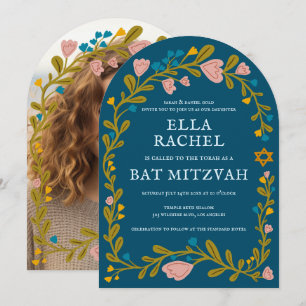 Floral Wreath Bat Mitzvah Handgezeichnet Custom FO Einladung