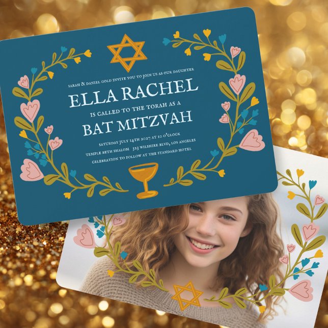 Floral Wreath Bat Mitzvah Handgezeichnet Custom Fo Einladung (Floral Wreath Bat Mitzvah Hand-drawn Custom PHOTO Invitation
)