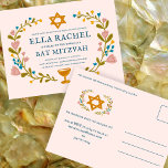Floral Wreath Bat Mitzvah Handgezeichnet Custom Postkarte<br><div class="desc">Perfekte Postkarte, um eine Bar mitzvah, Fledermausmitzvah oder andere jüdische Feier anzukündigen! Handgemachte Kunst für Sie! Vollständig anpassbar! Klicken Sie auf "Personalisieren" oben, um den Text zu bearbeiten. Klicken Sie auf "Bearbeiten mit dem Designwerkzeug", um die Schriftart, Farben und Einstellungen anzupassen. AUCH als Flachkarte oder als Download erhältlich, Karo meinen...</div>