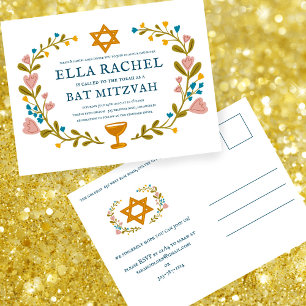 Floral Wreath Bat Mitzvah Handgezeichnet Custom Postkarte