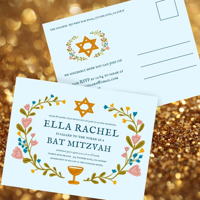 Floral Wreath Bat Mitzvah Handgezeichnet Custom Postkarte (Floral Wreath Bat Mitzvah Hand-drawn Custom Postcard Invitation
)