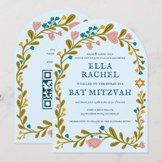 Floral Wreath Bat Mitzvah Handgezeichnet Custom QR Einladung (Vorne/Hinten)
