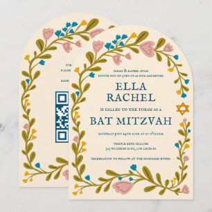 Floral Wreath Bat Mitzvah Handgezeichnet Custom QR Einladung