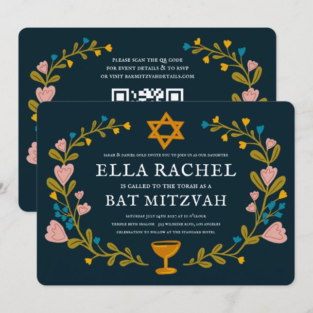 Floral Wreath Bat Mitzvah Handgezeichnet Custom QR Einladung (Vorne/Hinten)