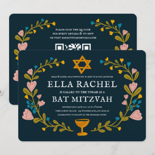 Floral Wreath Bat Mitzvah Handgezeichnet Custom QR Einladung