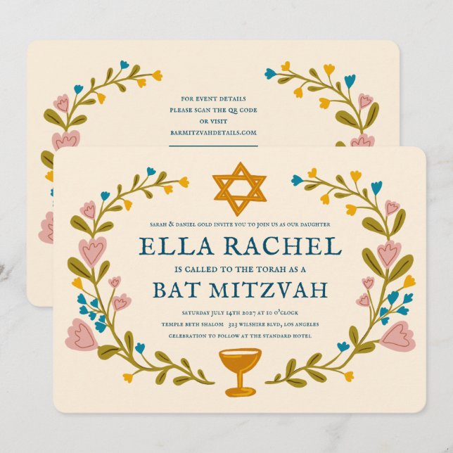 Floral Wreath Bat Mitzvah Handgezeichnet Custom QR Einladung (Vorne/Hinten)