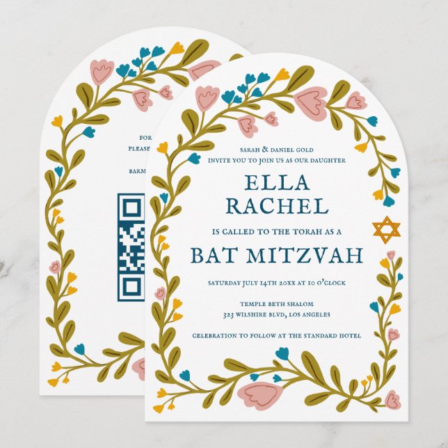 Floral Wreath Bat Mitzvah Handgezeichnet Custom QR Einladung (Vorne/Hinten)