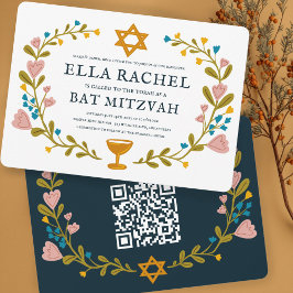 Floral Wreath Bat Mitzvah Handgezeichnet Custom QR Einladung