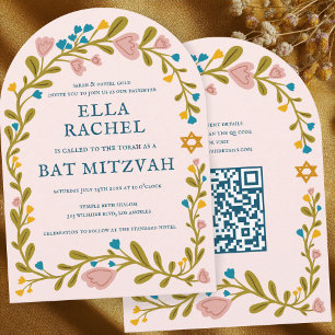 Floral Wreath Bat Mitzvah Handgezeichnet Custom QR Einladung