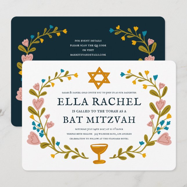 Floral Wreath Bat Mitzvah Handgezeichnet Custom QR Einladung (Vorne/Hinten)