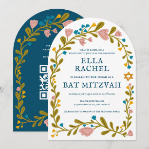 Floral Wreath Bat Mitzvah Handgezeichnet Custom QR Einladung