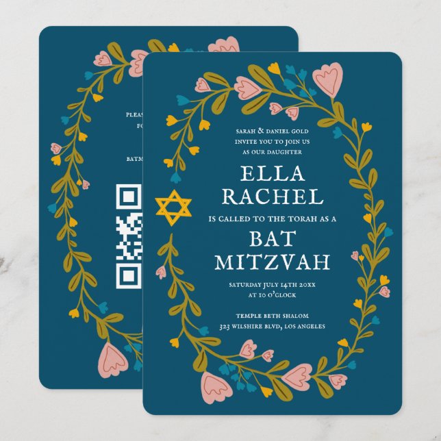 Floral Wreath Bat Mitzvah Handgezeichnet Custom QR Einladung (Vorne/Hinten)