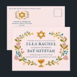 Floral Wreath Bat Mitzvah Handgezeichnet Custom QR Postkarte<br><div class="desc">Perfekte Postkarte, um eine Bar mitzvah, Fledermausmitzvah oder andere jüdische Feier anzukündigen! Handgemachte Kunst für Sie! Vollständig anpassbar! Klicken Sie auf "Personalisieren" oben, um den Text zu bearbeiten und den Link zum QR-Code auf der Rückseite hinzuzufügen. Klicken Sie auf "Bearbeiten mit dem Designwerkzeug", um die Schriftart, Farben und Einstellungen anzupassen....</div>