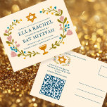 Floral Wreath Bat Mitzvah Handgezeichnet Custom QR Postkarte<br><div class="desc">Perfekte Postkarte, um eine Bar mitzvah, Fledermausmitzvah oder andere jüdische Feier anzukündigen! Handgemachte Kunst für Sie! Vollständig anpassbar! Klicken Sie auf "Personalisieren" oben, um den Text zu bearbeiten und den Link zum QR-Code auf der Rückseite hinzuzufügen. Klicken Sie auf "Bearbeiten mit dem Designwerkzeug", um die Schriftart, Farben und Einstellungen anzupassen....</div>