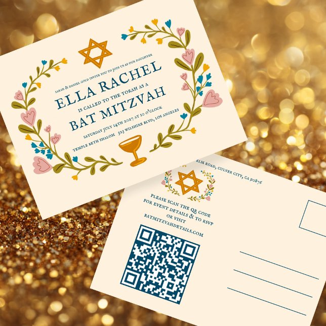 Floral Wreath Bat Mitzvah Handgezeichnet Custom QR Postkarte (Floral Wreath Bat Mitzvah Hand-drawn Custom QR code Postcard Invitation
)