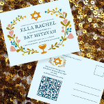 Floral Wreath Bat Mitzvah Handgezeichnet Custom QR Postkarte<br><div class="desc">Perfekte Postkarte, um eine Bar mitzvah, Fledermausmitzvah oder andere jüdische Feier anzukündigen! Handgemachte Kunst für Sie! Vollständig anpassbar! Klicken Sie auf "Personalisieren" oben, um den Text zu bearbeiten und den Link zum QR-Code auf der Rückseite hinzuzufügen. Klicken Sie auf "Bearbeiten mit dem Designwerkzeug", um die Schriftart, Farben und Einstellungen anzupassen....</div>