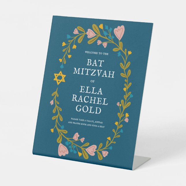 Floral Wreath Bat Mitzvah Handgezeichnet Custom We Sockelschild (Vorderseite)