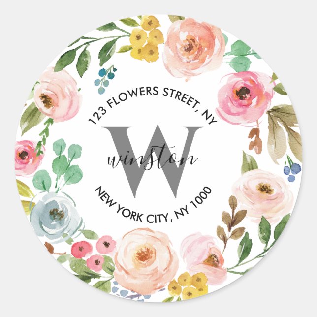 Floral Wreath Boho Monogram Rücksendeadresse Runder Aufkleber (Vorderseite)