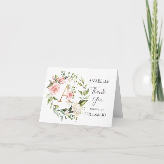 Floral Wreath Bridesmaid Monogramm Dankeskarte (Vorderseite)