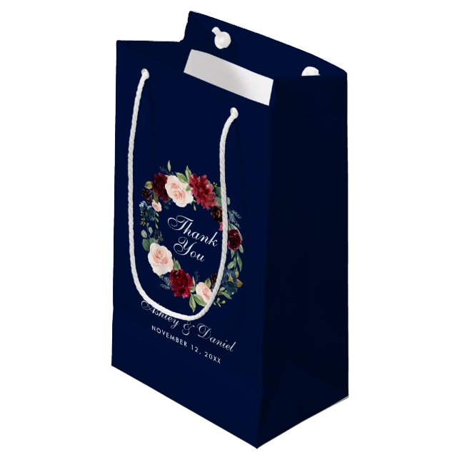 Floral Wreath Burgundy Blue Wedding Vielen Dank Kleine Geschenktüte (Vorderseite Schrägansicht)