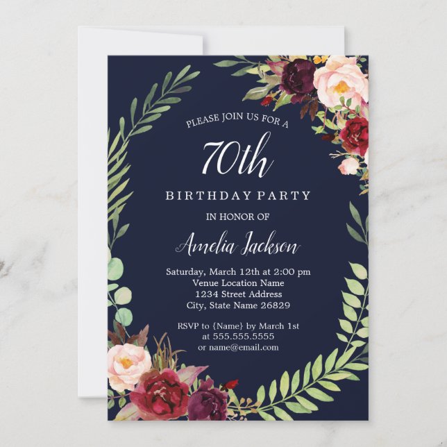 Floral Wreath Burgundy Navy 70. Geburtstag Einladung (Vorderseite)