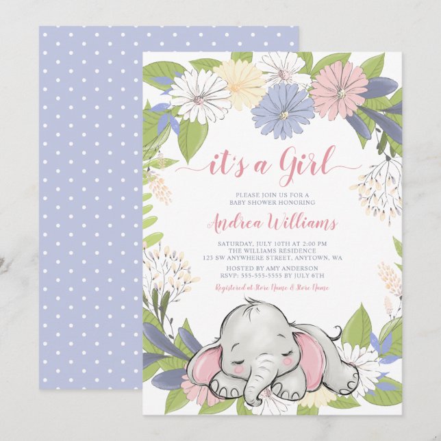 Floral Wreath Elephant Girl Baby Dusche Einladung (Vorne/Hinten)