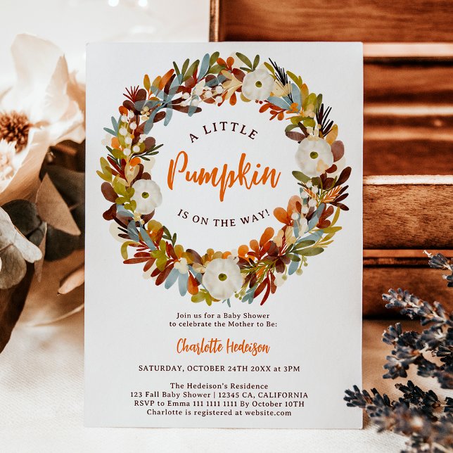Floral wreath fall little pumpkin baby shower einladung (Floral wreath fall little pumpkin baby shower invitation)