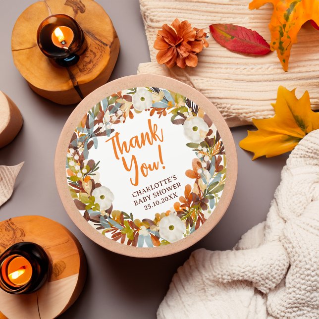 Floral wreath fall little pumpkin baby shower runder aufkleber (Floral wreath fall little pumpkin baby shower classic round sticker)