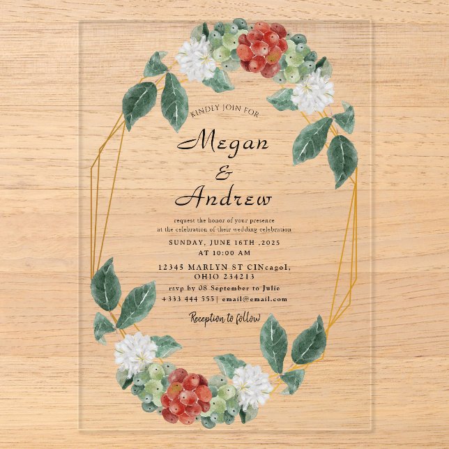 Floral Wreath & Geometric Frame Wedding Acrylic Acryleinladungen (Vorderseite)