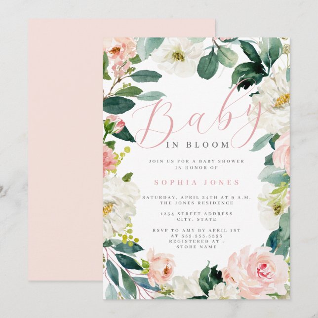 Floral Wreath Girl Baby in Bloom Baby Dusche Einladung (Vorne/Hinten)