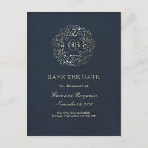 Floral Wreath Gold und Navy Save the Date Vintag Ankündigungspostkarte
