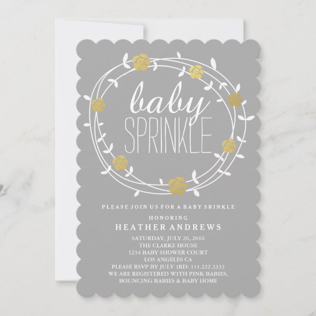 Floral Wreath | Golden Baby Sprinkle Einladung (Vorderseite)